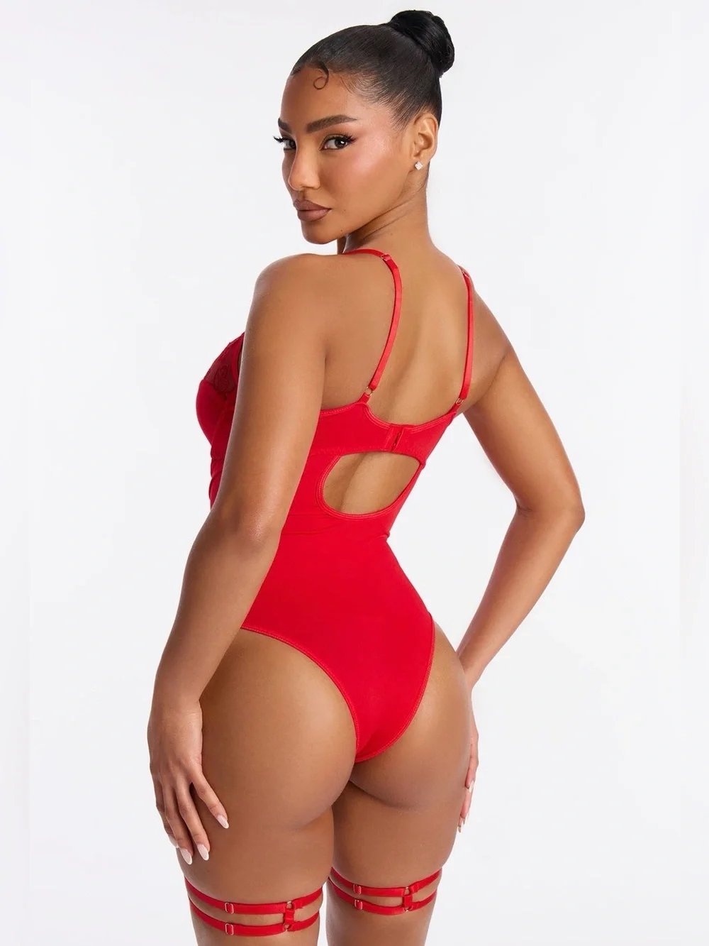 Red Lace Sheer Bodysuit with Garter Straps - Women Intimates - Picture 4 of 6